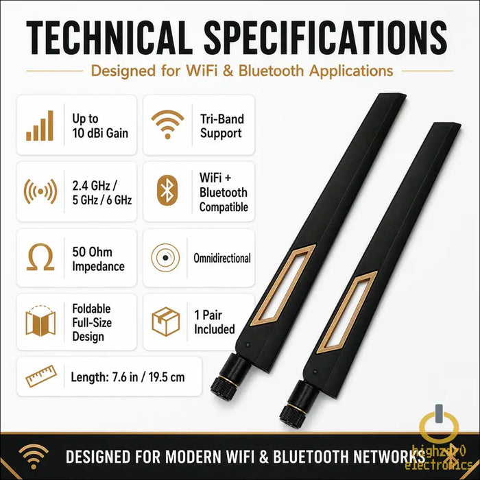 HIGHZER0 ELECTRONICS WIFI ROUTER ANTENNA SMA MALE, REDUCE DEAD ZONES, MESH SYSTEMS 10DBI TRI-BAND ADJUSTABLE EXTERNAL PAIR | BLACK/BRONZE
