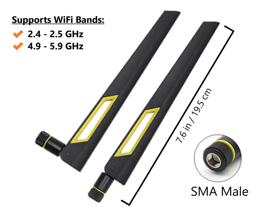 Black and Gold 10dBi Dual Band Signal Booster Wi-Fi Antennas (2.4GHz/5GHz-5.8GHz) with SMA Male Connector for Wireless Camera, Router, Hotspot - 2 Pack
