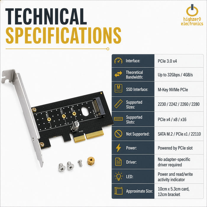 M.2 NVMe SSD to PCIe 3.0 x4 x8 x16 | M-Key 2230-2280 Desktop Card Adapter