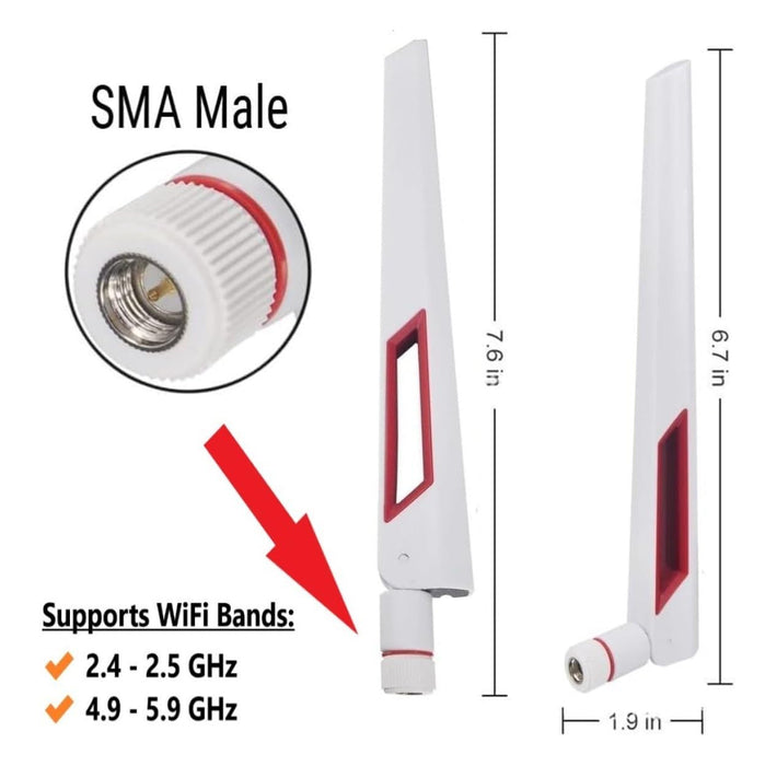 White and Red 10dBi Dual Band Signal Booster Wi-Fi Antennas (2.4GHz/5GHz-5.8GHz) with SMA Male Connector for Wireless Camera, Router, Hotspot - 2 Pack