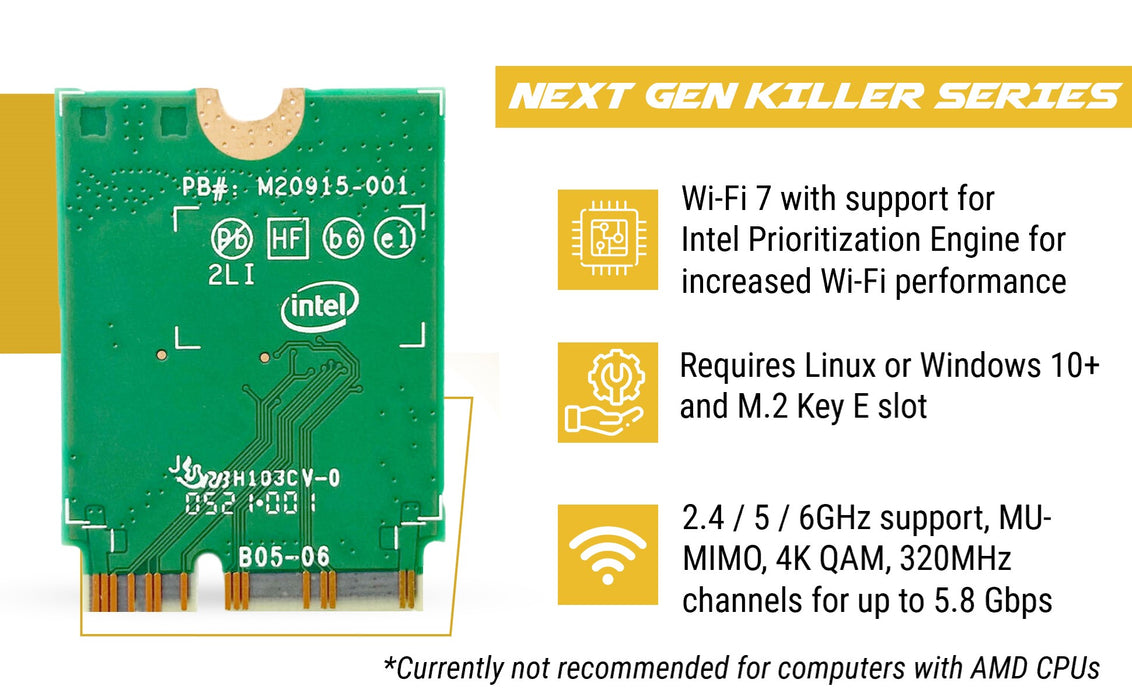 Intel BE1750x Killer Series Upgraded BE200 WiFi 7 Card | Gaming Adapter | M.2 PCIe | 5.8 Gbps 320MHz 4K QAM | Supports Bluetooth 5.4 & PC