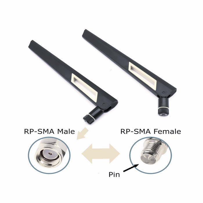Schwarze und silberne 10-dBi-Dualband-Signalverstärker-WLAN-Antennen (2,4 GHz/5 GHz-5,8 GHz) mit RP-SMA-Stecker für drahtlose Kamera, Router, Hotspot – 2er-Pack