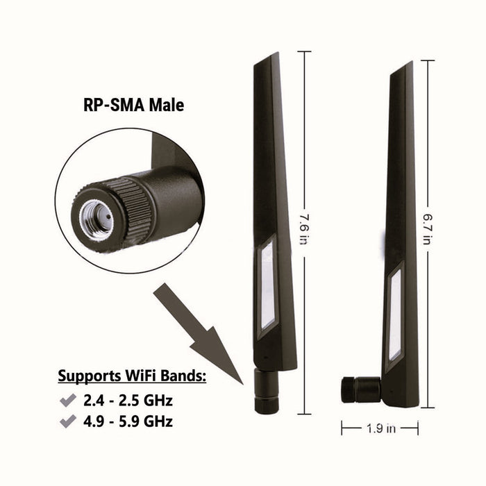 Black and Black 10dBi Dual Band Signal Booster Wi-Fi Antennas (2.4GHz/5GHz-5.8GHz) with RP-SMA Male Connector for Wireless Camera, Router, Hotspot - 2 Pack