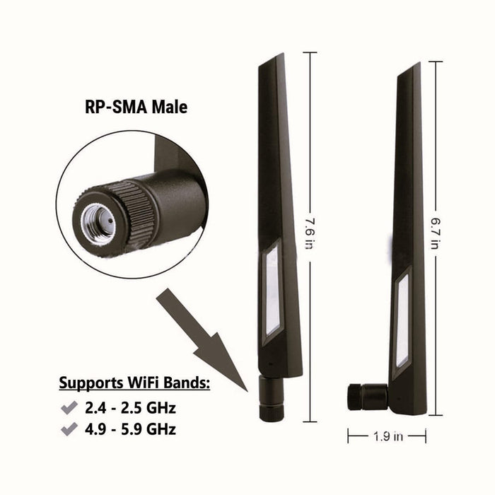 Schwarze und schwarze 10-dBi-Dualband-Signalverstärker-WLAN-Antennen (2,4 GHz/5 GHz-5,8 GHz) mit RP-SMA-Stecker für drahtlose Kamera, Router, Hotspot – 2er-Pack