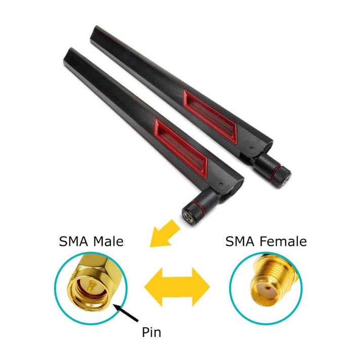 Black and Red 10dBi Dual Band Signal Booster Wi-Fi Antennas (2.4GHz/5GHz-5.8GHz) with SMA Male Connector for Wireless Camera, Router, Hotspot - 2 Pack