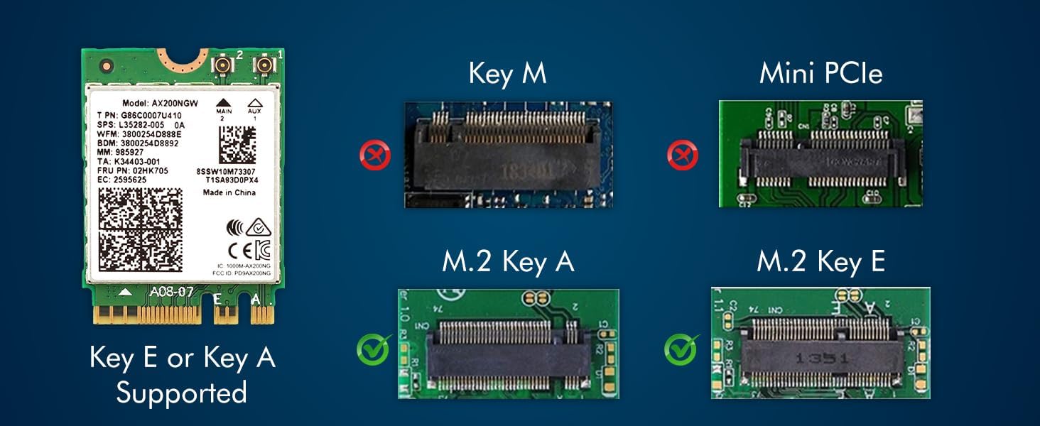 Diseñado para el adaptador Intel AX200 WiFi 6 de doble banda | Interfaz M.2 802.11ax para PC | Hasta 2,4 Gbps | Bluetooth 5.2 habilitado | Compatible con la mayoría de los sistemas | AX200NGW Sin vPro