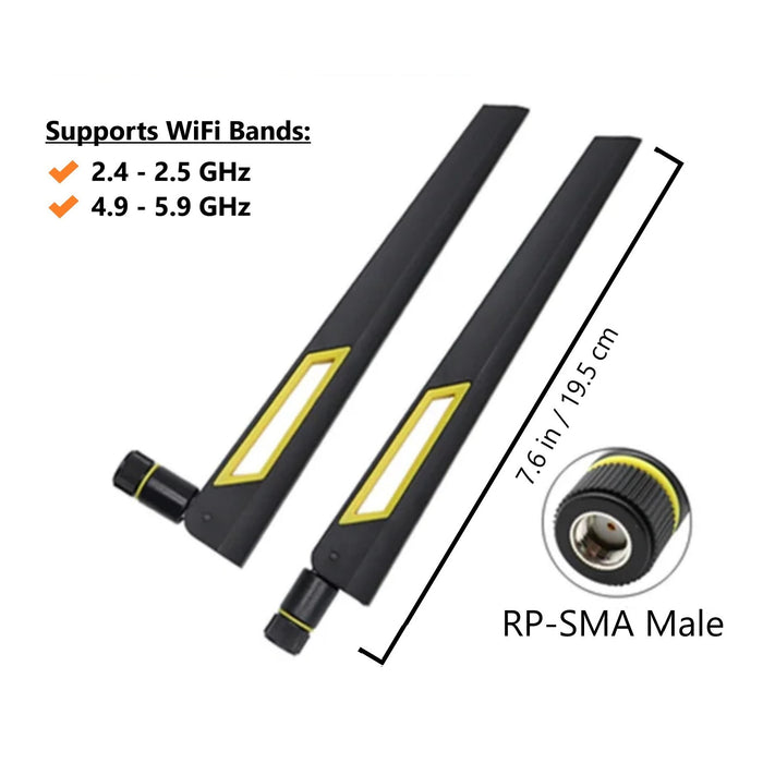 Schwarze und goldene 10-dBi-Dualband-Signalverstärker-WLAN-Antennen (2,4 GHz/5 GHz-5,8 GHz) mit RP-SMA-Stecker für drahtlose Kamera, Router, Hotspot – 2er-Pack