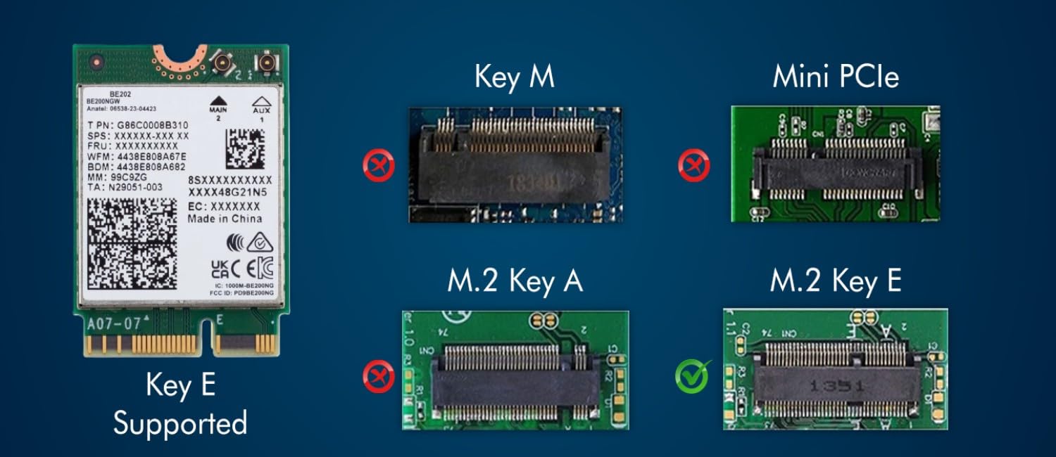 WiFi 7 Adapter für Intel BE202 | M.2 PCIe Format | Tri-Band 2.4/5/6 GHz | Bis zu 2.4 Gbit/s | WiFi Karte für PCs | Bluetooth 5.4 Kompatibel | Für Intel PCs mit Windows 10/11 | BE202NGW