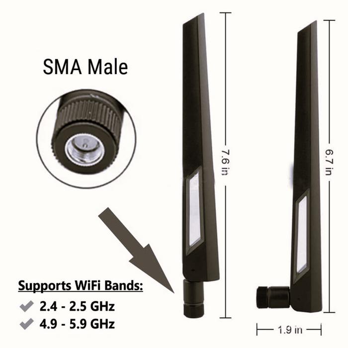 Black and Black 10dBi Dual Band Signal Booster Wi-Fi Antennas (2.4GHz/5GHz-5.8GHz) with SMA Male Connector for Wireless Camera, Router, Hotspot - 2 Pack