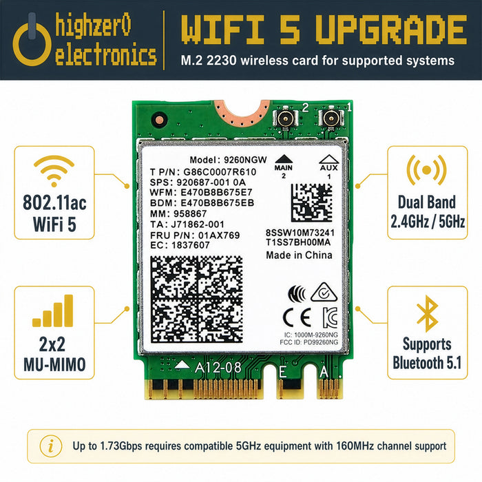 HighZer0 Electronics AC 9260 802.11ac M.2 Bluetooth 5.1 Legacy-Netzwerkkarte | WiFi 5 bis zu 1,73 Gbit/s, MU-MIMO | Kompatibel mit Intel, AMD, Linux und Windows 10/11 | 9260NGW WiFi-Adapter