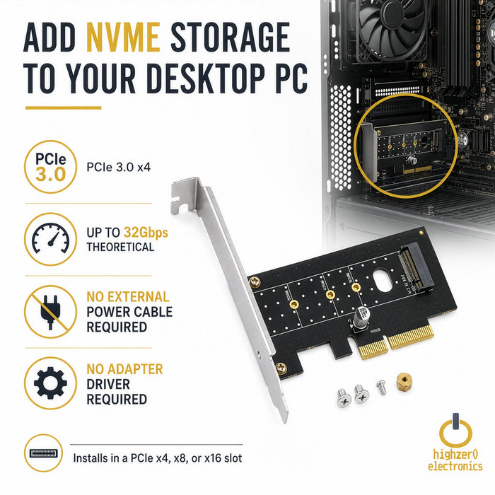 M.2 NVMe SSD to PCIe 3.0 x4 x8 x16 | M-Key 2230-2280 Desktop Card Adapter