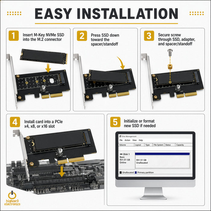 M.2 NVMe SSD to PCIe 3.0 x4 x8 x16 | M-Key 2230-2280 Desktop Card Adapter