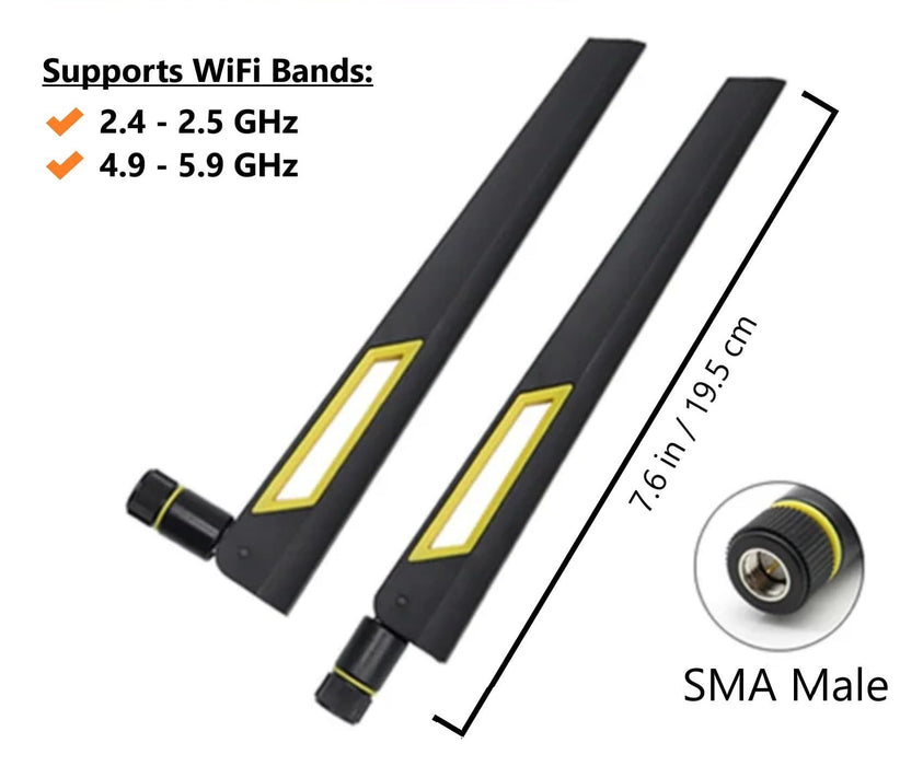 Schwarze und goldene 10-dBi-Dualband-Signalverstärker-WLAN-Antennen (2,4 GHz/5 GHz-5,8 GHz) mit SMA-Stecker für drahtlose Kamera, Router, Hotspot – 2er-Pack