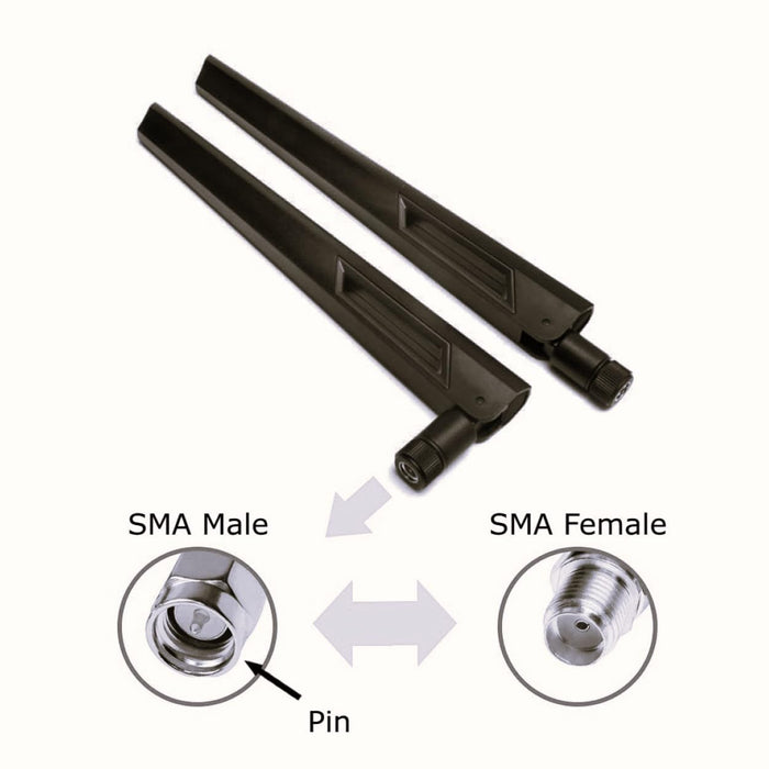 Black and Black 10dBi Dual Band Signal Booster Wi-Fi Antennas (2.4GHz/5GHz-5.8GHz) with SMA Male Connector for Wireless Camera, Router, Hotspot - 2 Pack