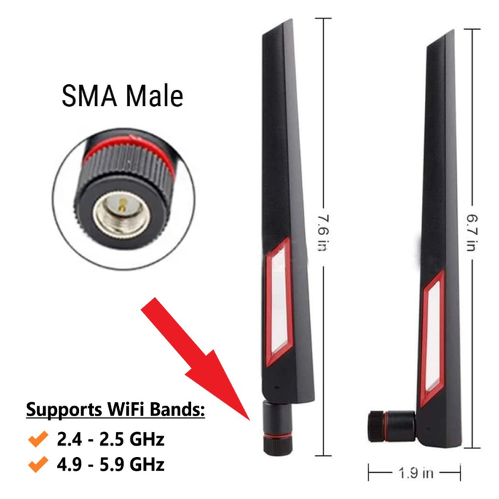 Black and Red 10dBi Dual Band Signal Booster Wi-Fi Antennas (2.4GHz/5GHz-5.8GHz) with SMA Male Connector for Wireless Camera, Router, Hotspot - 2 Pack