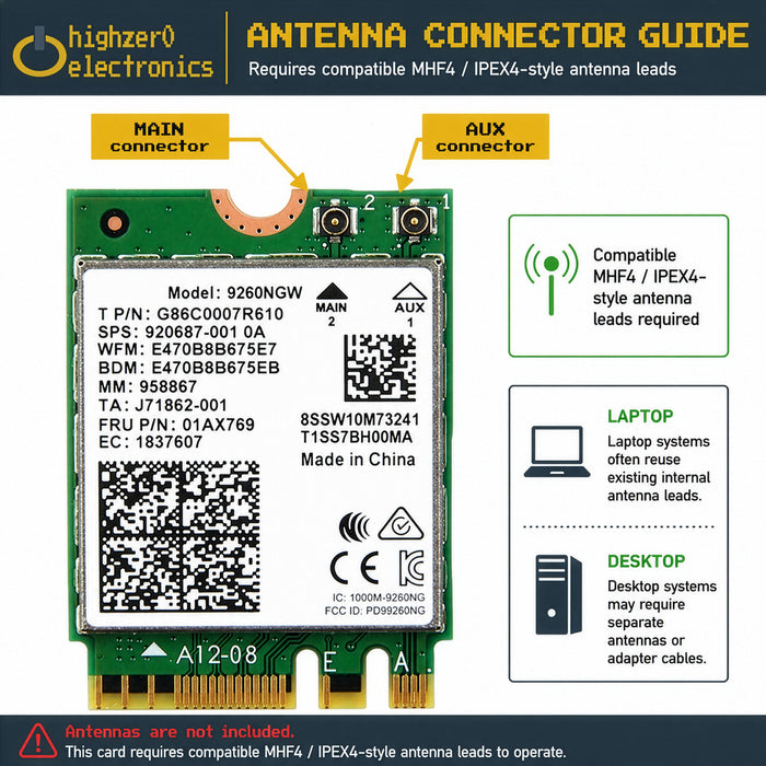 HighZer0 Electronics AC 9260 802.11ac M.2 Bluetooth 5.1 Legacy-Netzwerkkarte | WiFi 5 bis zu 1,73 Gbit/s, MU-MIMO | Kompatibel mit Intel, AMD, Linux und Windows 10/11 | 9260NGW WiFi-Adapter