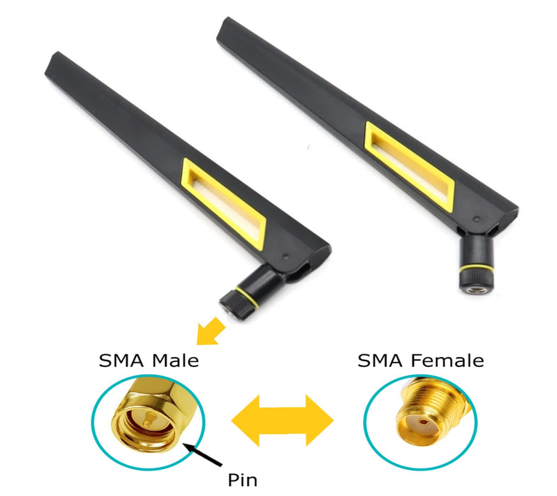 Black and Gold 10dBi Dual Band Signal Booster Wi-Fi Antennas (2.4GHz/5GHz-5.8GHz) with SMA Male Connector for Wireless Camera, Router, Hotspot - 2 Pack