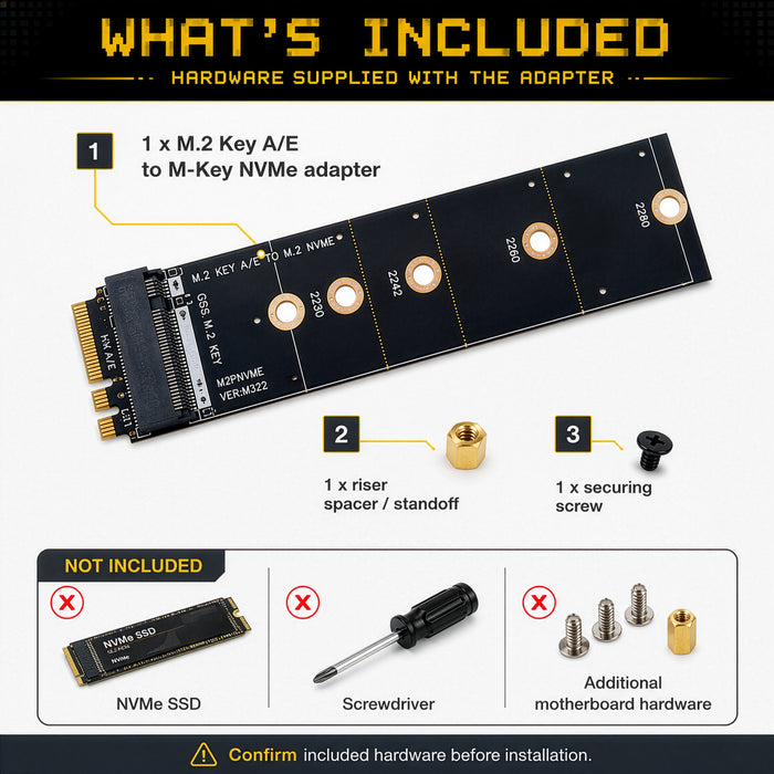 M.2 Key A+E to M-Key NVMe SSD Adapter | PCIe x1 | 2230 2242 2260 2280 SSD