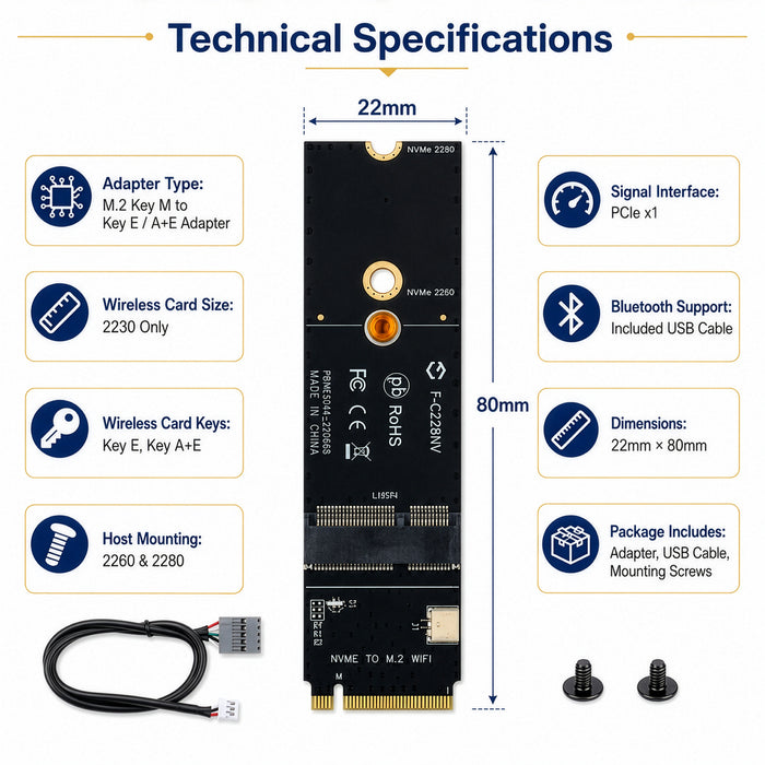 M.2 Key M to Key E A+E WiFi Adapter | M2 2230 Wireless Card Converter Kit