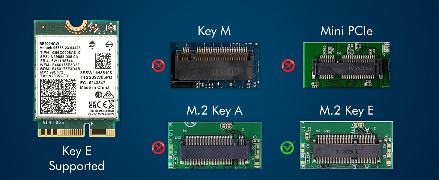 WiFi 7 Adapter für Intel BE200 | M.2 PCIe Format | Tri-Band 2,4/5/6 GHz | Bis zu 5,8 Gbit/s | WiFi-Karte für PCs | Bluetooth 5.4 kompatibel | Für Intel PC mit Windows 10/11 | BE200NGW