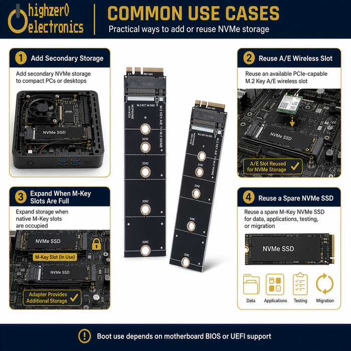 M.2 Key A+E to M-Key NVMe SSD Adapter | PCIe x1 | 2230 2242 2260 2280 SSD