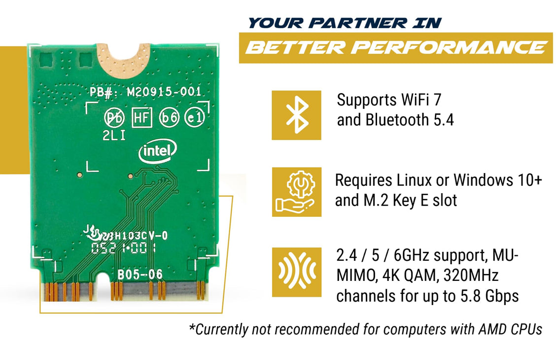 WiFi 7 Adapter für Intel BE200 | M.2 PCIe Format | Tri-Band 2,4/5/6 GHz | Bis zu 5,8 Gbit/s | WiFi-Karte für PCs | Bluetooth 5.4 kompatibel | Für Intel PC mit Windows 10/11 | BE200NGW