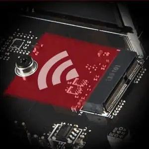 Red and white wi-fi module with circuit board design, likely for networking devices.
